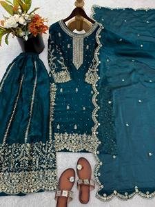 Teal Silk Embroidered Indian Pakistani Wedding <b>Lehenga</b> Set <b>Women</b> Traditional Regular Dress with Dupatta Stretchable Wrinkle-Free - Product Image 6