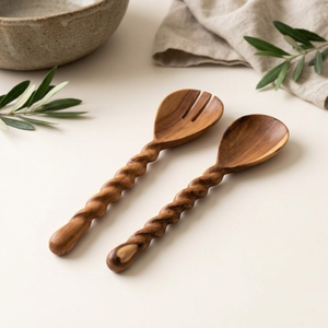 Handcrafted Wood Salad Server Set Premium Twisted Spiral Handle Wooden Salad <b>Tongs</b> Eco-Friendly Sustainable Hand-Carved <b>Serving</b> - Product Image 1
