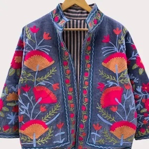 Veste en velours brodée de fleurs bohèmes, coupe-vent et respirante, manteau Suzani, manteau court en tricot d'hiver - Product Image 3