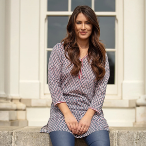 VENTE Haut long KURTA Style 2 Gris et rouille avec motif blanc 100% léger Col en V Manches longues Haut pour femmes - Product Image 4