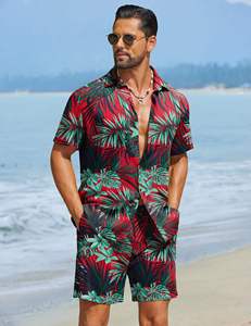 Conjunto de camisa y pantalones cortos con estampado de hojas tropicales rojas para hombre, conjunto de verano para vacaciones en la playa de poliéster - Product Image 3