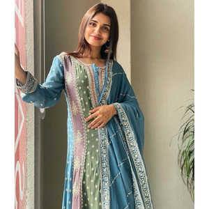 Hermoso Conjunto de Salwar Kameez de Algodón Beige - Top, Pantalón Plazzo con Trabajo de Lentejuelas, Talla 42, Ropa Casual - Product Image 1