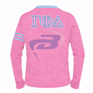 Suéter Cárdigan de la Hermandad Gamma Phi Delta, Tejido Rosa con Rayas Azul Claro y Logotipo Bordado, Ropa de la Hermandad GPD - Product Image 3