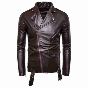 New Style Men's Brown PU Leather <b>Jacket</b> <b>Slim</b> <b>Fit</b> Stand Collar Zipper Closure Autumn Style Solid Color Regular Length - Product Image 3