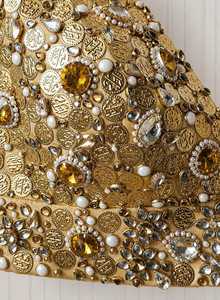 <b>Women's</b> COUTURE Gold <b>Sequined</b> Beaded Bohemian Floral Print Polyester Short Cami <b>Top</b> Front Logo Sexy Sparkly Bralette Clubwear - Product Image 6