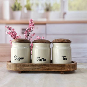 Juego de recipientes de cocina estilo vintage con tapa de madera y soporte, organizador decorativo para encimera, contenedor para té, café y azúcar - Product Image 6