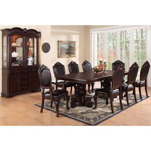 Set da Pranzo Formale 9 Pezzi Marrone con Tavolo Rettangolare a Doppia Base e 2 Sedie con Braccioli e 6 Sedie Laterali Design a Foglia Stile Reale - Product Image 2