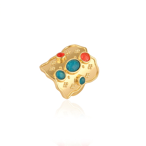 Anillo moderno estilo boho de banda ancha con piedras de jade y apatita roja, chapado en oro sobre latón, joyería unisex llamativa para mujeres y hombres, anillo de regalo. - Product Image 3