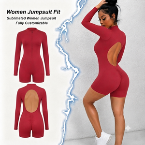 Mono ajustado rojo de manga larga con cremallera frontal para mujer, de cintura alta, largo completo, ajuste ceñido, control de abdomen, lencería moldeadora, ropa de calle - Product Image 1