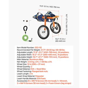 Carrozzina Manuale Leggera a 2 Ruote per Cani, Regolabile in Altezza, Larghezza e Lunghezza, Carrello Ammortizzato per Zampe Posteriori - Product Image 5