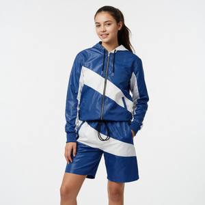 Men's Blue <b>White</b> Color Block Hooded Windproof Windbreaker <b>Jacket</b> Knitted Zipper <b>Shorts</b> Set Casual Summer Wear Quick Dry - Product Image 5