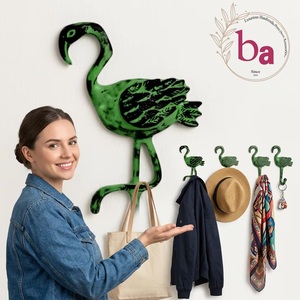 Porte-manteau mural en métal fait main Ba, design flamant rose vert, nouveauté, crochet unique - Product Image 4