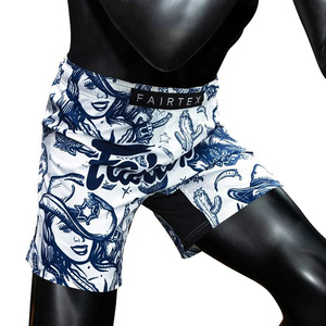 กางเกงมวยไทย Fairtex รุ่นลิมิเต็ดอิดิชั่น คาวบอย เวสเทิร์น สีน้ำเงินขาว ลายสัก กางเกงมวยไทยคิกบ็อกซิ่ง สีน้ำเงินขาว - Product Image 3