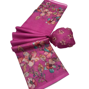 Sari Floral Rosa Oscuro de Diseñador |   Ropa Étnica de Lujo en Organza de Seda con Blusa a Juego |   Sari indio de última moda para fiestas - Product Image 1