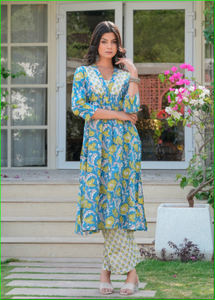 ชุดคุรตะทรงเอไลน์ลายดอกไม้สีฟ้าแบบพิมพ์ลายด้วยมือ ชุดคุรตะซัลวาร์ - Product Image 6