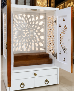 Temple en bois de teck au design moderne pour la maison, mandir au look attrayant et moderne pour le salon, mandir au design Om avec aspect marbre, USA - Product Image 2