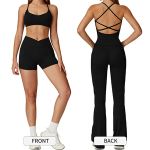 Ladies Gym Women Comfortable Two Pieces Running V-cut Shorts/flare Yoga Pants <b>Halter</b> Crossed Shoulder Straps <b>Backless</b> <b>Bra</b> Set - Product Image 6