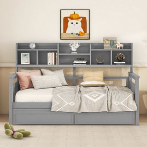 Divano letto singolo grigio con supporto a doghe in legno e mensole laterali, due cassetti - Product Image 2