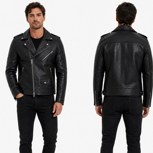 Veste moto en cuir véritable noir pour homme, col rabattu, fermeture éclair, coupe ajustée, longueur normale, couleur unie, style automne - Product Image 4