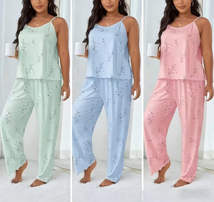 Women Geometric Print Halter Neck Sleeveless Casual Pajama Set Knitted Soft Full Length Pants Elastic Waist Summer Cozy - Product Image 1