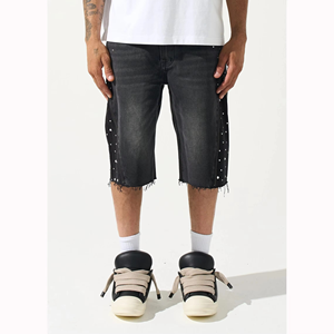Mens Black Rhinestone Denim <b>Shorts</b> Baggy Jorts Stretch Cotton Distressed Raw Hem Streetwear Zipper Detail <b>Shorts</b> - Product Image 1