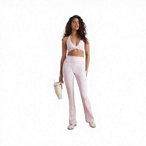 Women's Light Pink Sporty Tracksuit Set V-Neck <b>Crop</b> <b>Top</b> Full Length Pants Breathable Spandex Nylon Summer Wear - Product Image 5