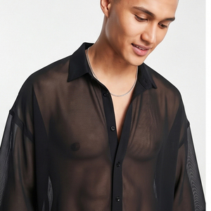 Chemises en maille transparente de style vintage, 100% polyester, boutonnées, transparentes, unisexes, col rabattu, chemises sexy transparentes - Product Image 3