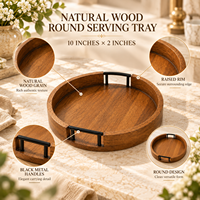 Plateau de service classique en bois naturel |   Table de repas multifonctionnelle pour mariage, thé, café et collations, avec poignées en métal noir et rebord surélevé
