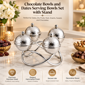 Cuencos para servir de acero inoxidable martillado con tapas y soporte |   Elegantes Tazones para Dátiles, Chocolate, Nueces, Dulces, Bocadillos y Frutos Secos - Product Image 3