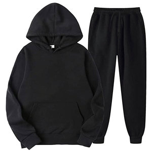 Conjunto Deportivo Informal Unisex para Niños, Sudadera con Capucha Negra y Pantalones Deportivos, Manga Larga, Color Sólido, con Cierre de Cordón y Bolsillos Laterales - Product Image 1