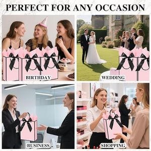 Set di 3 Sacchetti Regalo in Carta Rosa di Medie Dimensioni con Manici in Tessuto, Fiocco e Biglietti di Auguri 20x13x25 cm per Regali - Product Image 2