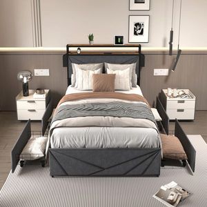 Base letto matrimoniale solida e stabile con LED, testiera contenitore, stazione di ricarica, silenziosa, senza bisogno di rete a doghe, facile da montare - Product Image 5