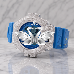 Reloj Digital Personalizado con Incrustaciones de Diamantes, Esfera Azul, Caja Cubierta de Diamantes - Product Image 1