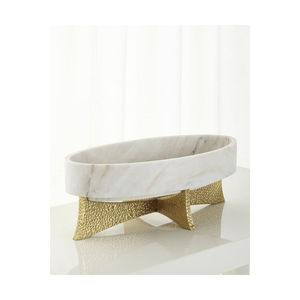 Plateau ovale en marbre blanc avec base en métal plaqué or de haute qualité, centre de table de luxe, bols de service - Product Image 1