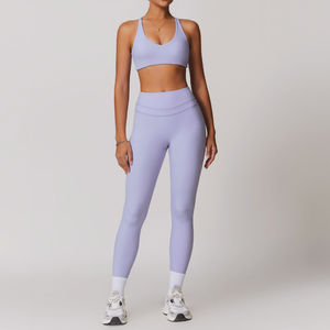 Wholesale Solid Cross <b>Bra</b> Cutout Deep V Neck High Waist Yoga Leggings 2-Piece Set Breathable Quick Dry Eco-Friendly - Product Image 2