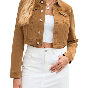 Chaqueta vaquera corta con logo personalizado para mujer, elástica, ajustada, de manga larga, 100% algodón original, a la moda. - Product Image 3