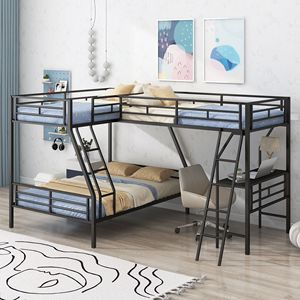 Black Metal Twin Over Full Bunk <b>Bed</b> with Attached Twin Loft and Desk for Kids' <b>Space</b> <b>Saving</b> Solution - Product Image 2