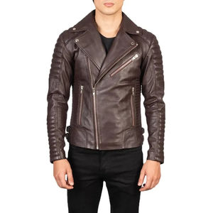 Men's Brown Genuine Leather Moto <b>Jacket</b> Turn-down Collar Zipper Closure <b>Slim</b> <b>Fit</b> Autumn Wear - Product Image 6