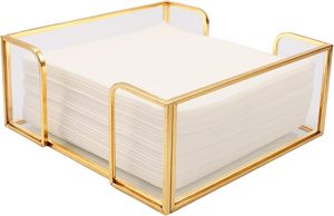 Gold Napkin Holder Acrylic <b>Flat</b> Guest Towel Tray Clear Tissue <b>Box</b> Dispenser Square Tabletop Paper Napkin Storage Basket Caddy - Product Image 2