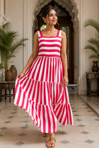 Vestido Maxi Bohemio de Algodón a Rayas Rosas, Sin Mangas, con Volantes, Largo, Casual, Cuello Cuadrado, Ecológico, Vestido de Verano, Ropa de Playa - Product Image 4