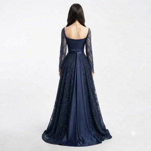 Vestido de noche de encaje con cuentas azules, largo hasta el suelo, vestido formal con cuello cuadrado y manga larga, vestido de fiesta y boda - Product Image 3