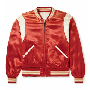 Blouson aviateur unisexe en satin rouge, coupe classique, fermeture éclair, vêtement décontracté pour l'automne, en polyester satiné avec poche latérale - Product Image 4