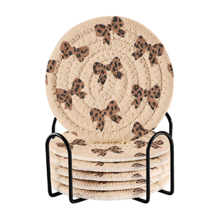Handwoven round natural rattan <b>drink</b> <b>coasters</b> stacked inside matching woven wicker storage holders, available at wholesale price - Product Image 3