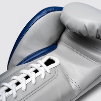 Gants de kickboxing en cuir véritable de qualité supérieure, modèle dernier cri, bleu gris, à lacets, logo personnalisé, compétition de Muay Thai