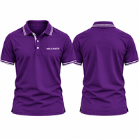 Kemeja Polo Golf Pria Bordir Kustom Warna Ungu, Kemeja Polo Berkinerja Tinggi Lengan Pendek, Kemeja Golf Bernapas dengan Kerah & Manset Bergaris