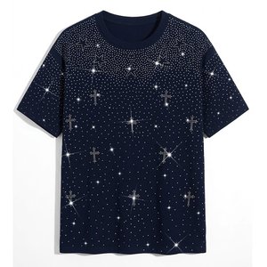 เสื้อยืดโอเวอร์ไซส์สีน้ำเงินประดับเพชรเทียมสำหรับผู้ชาย สไตล์สตรีทแวร์พรีเมียม ผ้าฝ้าย รับสกรีนโลโก้จำนวนมาก แฟชั่นกลางแจ้ง ลดราคาพิเศษ - Product Image 1