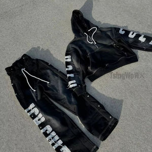 Quarter Zipper Distress Applique Patches Streetwear Tracksuit Custom Logo Hoodie & Double Waist Trouser <b>Sweat</b> <b>Suit</b> <b>for</b> <b>Men</b> - Product Image 3