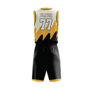 Uniforme de baloncesto sublimado personalizado, camiseta sin mangas negra y dorada con pantalones cortos, uniformes de baloncesto sublimados que absorben la humedad - Product Image 6
