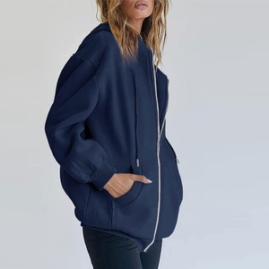 Sweat-shirt à capuche zippé pour femme, manches longues, couleur unie, décontracté, vêtement d'extérieur d'hiver, coupe oversize, vente en gros - Product Image 5