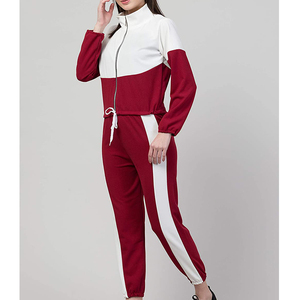 Ensemble de survêtement pour femmes, rouge et blanc, blocs de couleur, manches longues, pantalon de jogging sportif avec cordon de serrage, polyester respirant - Product Image 5